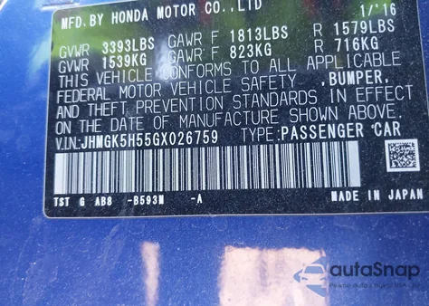 2016 Honda Fit Lx z USA, uszkodzony, nr VIN JHMGK5H55GX026759